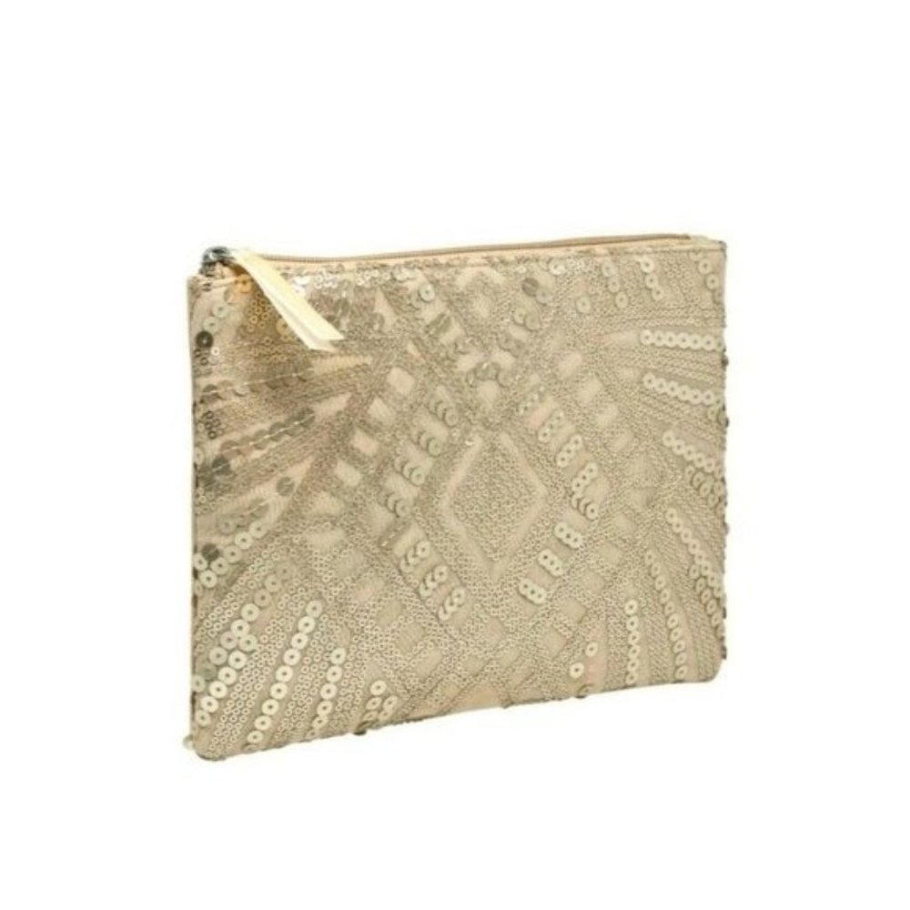 Blush Beaded Makeup Cosmetic Bag wristlet, Gold Sequin Glam Bag, NEW